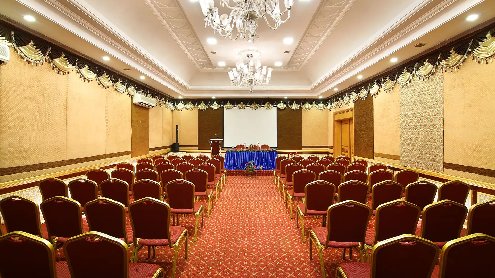 Evening lighting inside Viceroy Hall, a party hall in central Madurai